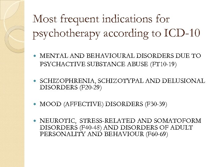 Most frequent indications for psychotherapy according to ICD-10 MENTAL AND BEHAVIOURAL DISORDERS DUE TO