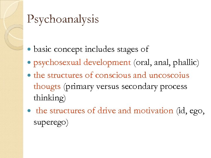Psychoanalysis basic concept includes stages of psychosexual development (oral, anal, phallic) the structures of