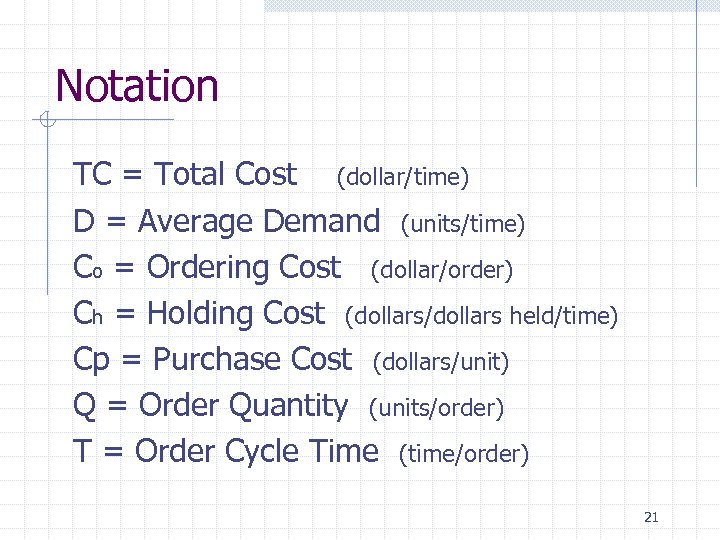 Notation TC = Total Cost (dollar/time) D = Average Demand (units/time) Co = Ordering