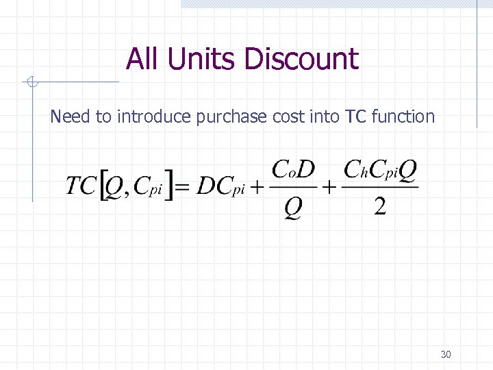 All Units Discount Need to introduce purchase cost into TC function 30 
