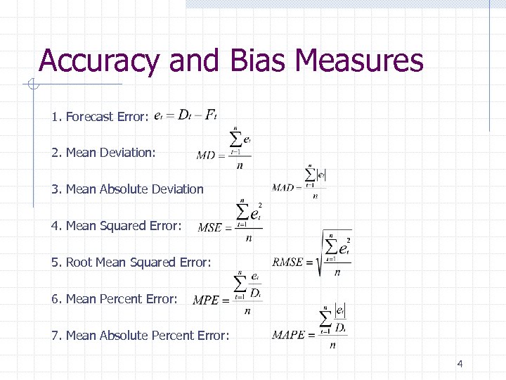 Accuracy and Bias Measures 1. Forecast Error: 2. Mean Deviation: 3. Mean Absolute Deviation