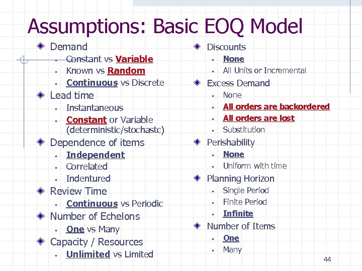 Assumptions: Basic EOQ Model Demand § § § Constant vs Variable Known vs Random