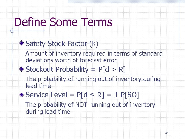 Define Some Terms Safety Stock Factor (k) Amount of inventory required in terms of
