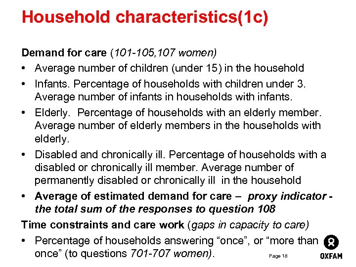 Household characteristics(1 c) Demand for care (101 -105, 107 women) • Average number of