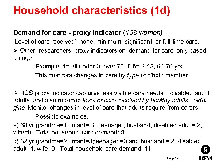 Household characteristics (1 d) Demand for care - proxy indicator (108 women) ‘Level of