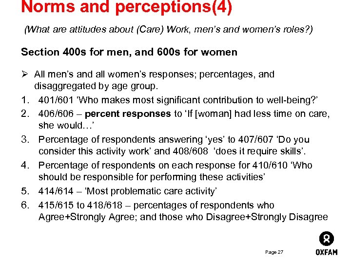 Norms and perceptions(4) (What are attitudes about (Care) Work, men’s and women’s roles? )