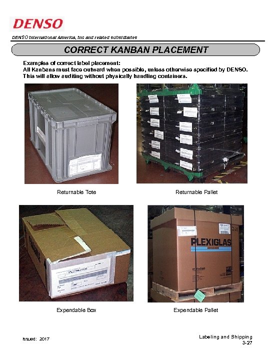 DENSO International America, Inc and related subsidiaries CORRECT KANBAN PLACEMENT Examples of correct label