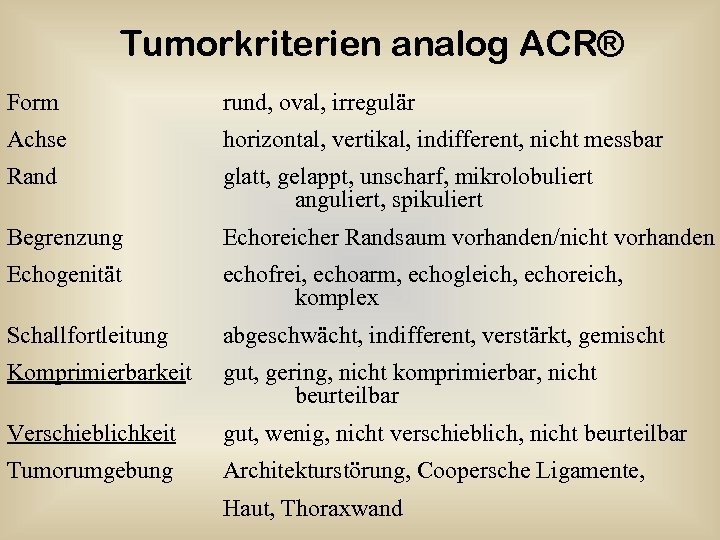Tumorkriterien analog ACR® Form rund, oval, irregulär Achse horizontal, vertikal, indifferent, nicht messbar Rand