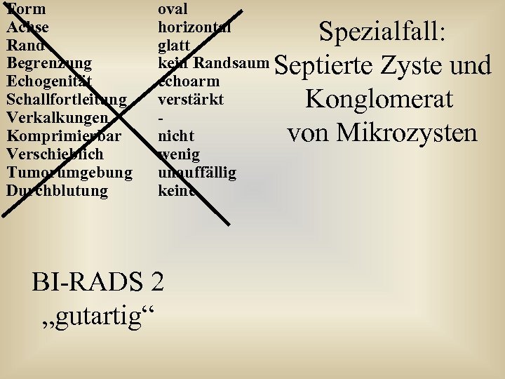 Form Achse Rand Begrenzung Echogenität Schallfortleitung Verkalkungen Komprimierbar Verschieblich Tumorumgebung Durchblutung oval horizontal glatt