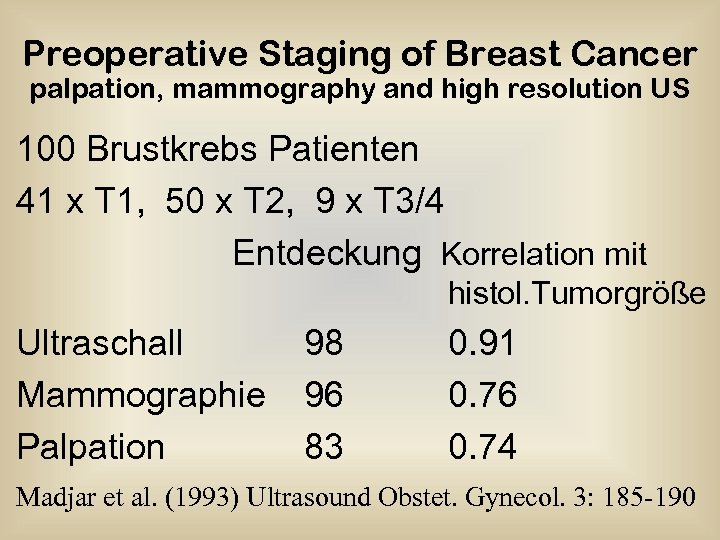 Preoperative Staging of Breast Cancer palpation, mammography and high resolution US 100 Brustkrebs Patienten