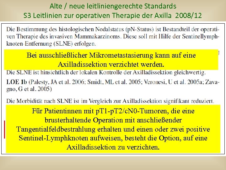 Alte / neue leitliniengerechte Standards S 3 Leitlinien zur operativen Therapie der Axilla 2008/12
