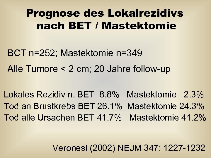 Prognose des Lokalrezidivs nach BET / Mastektomie BCT n=252; Mastektomie n=349 Alle Tumore <