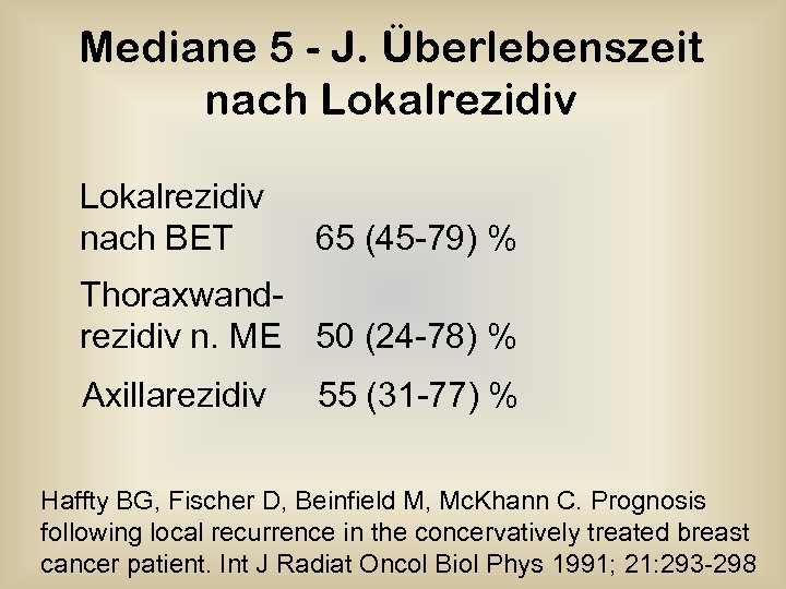 Mediane 5 - J. Überlebenszeit nach Lokalrezidiv nach BET 65 (45 -79) % Thoraxwandrezidiv