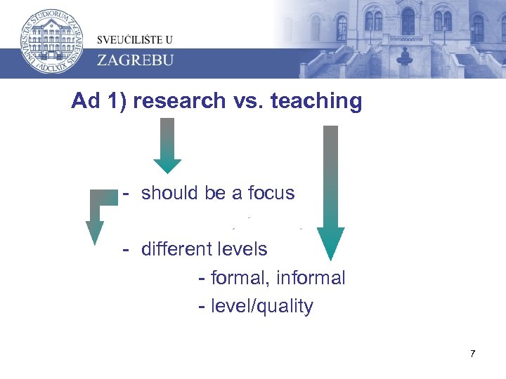 Ad 1) research vs. teaching - should be a focus - different levels -