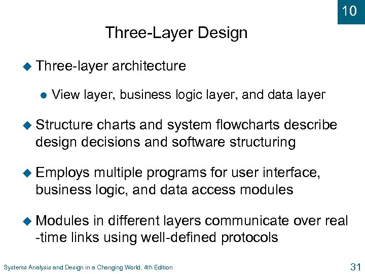 10 Three-Layer Design u Three-layer l architecture View layer, business logic layer, and data