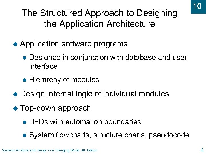 The Structured Approach to Designing the Application Architecture u Application 10 software programs l