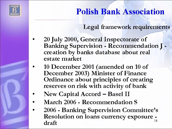 Polish Bank Association Legal framework requirements • • • 20 July 2000, General Inspectorate