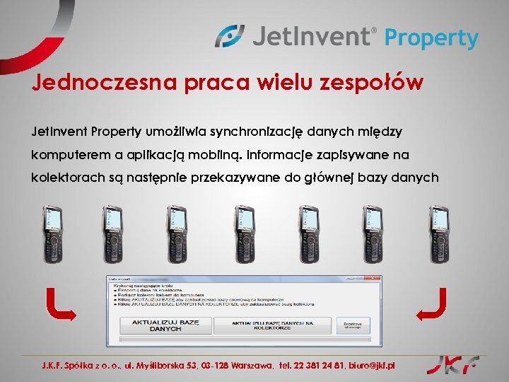 Jednoczesna praca wielu zespołów Jet. Invent Property umożliwia synchronizację danych między komputerem a aplikacją