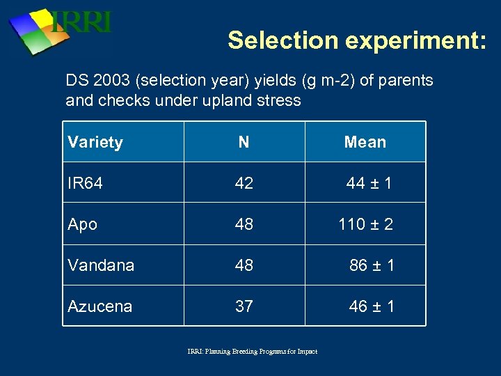 Selection experiment: DS 2003 (selection year) yields (g m-2) of parents and checks under