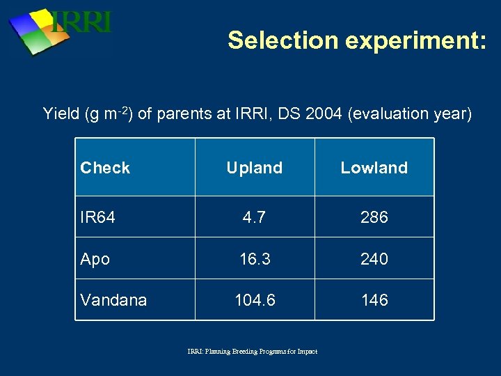 Selection experiment: Yield (g m-2) of parents at IRRI, DS 2004 (evaluation year) Check