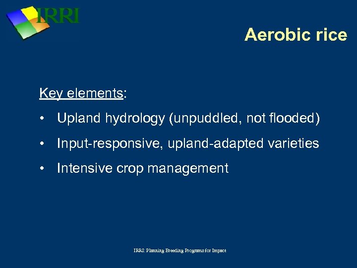 Aerobic rice Key elements: • Upland hydrology (unpuddled, not flooded) • Input-responsive, upland-adapted varieties