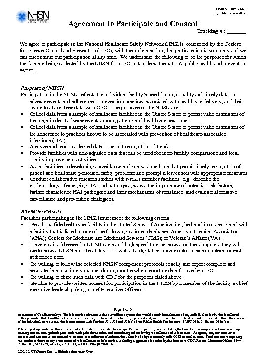 OMB No. 0920 -0666 Exp. Date: xx-xx-20 xx Agreement to Participate and Consent Tracking