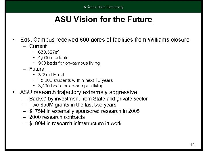 Arizona State University ASU Vision for the Future • East Campus received 600 acres
