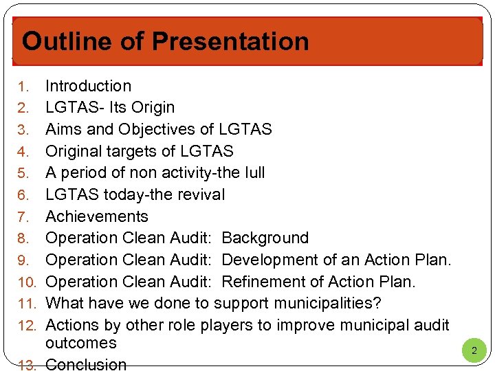 Outline of Presentation 1. 2. 3. 4. 5. 6. 7. 8. 9. 10. 11.