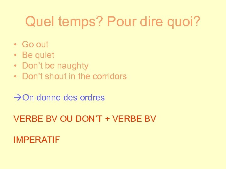 Quel temps? Pour dire quoi? • • Go out Be quiet Don’t be naughty