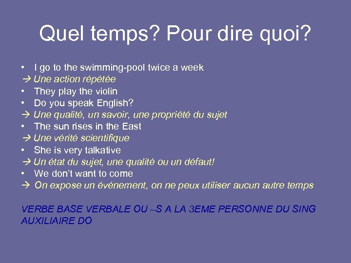 Quel temps? Pour dire quoi? • I go to the swimming-pool twice a week