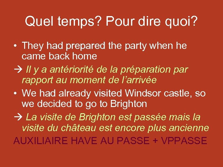 Quel temps? Pour dire quoi? • They had prepared the party when he came