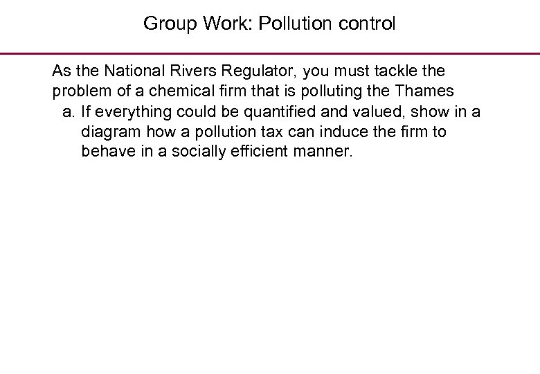 Group Work: Pollution control As the National Rivers Regulator, you must tackle the problem