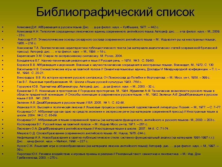 Библиографический список • • • • • • Алексеев Д. И. Аббревиация в русском