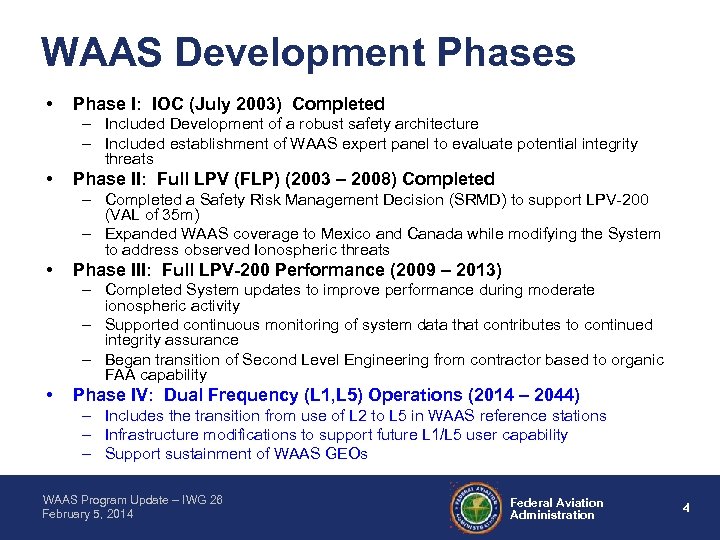 WAAS Development Phases • Phase I: IOC (July 2003) Completed – Included Development of