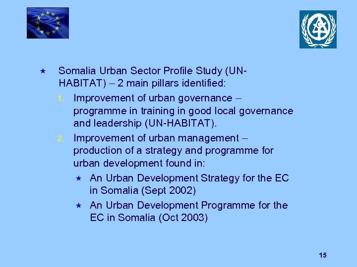  « Somalia Urban Sector Profile Study (UNHABITAT) – 2 main pillars identified: 1.
