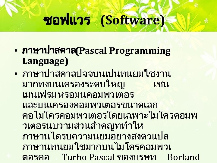 ซอฟแวร (Software) • ภาษาปาสคาล (Pascal Programming Language) • ภาษาปาสคาลปจจบนเปนทนยมใชงาน มากทงบนเครองระดบใหญ เชน เมนเฟรม หรอมนคอมพวเตอร และบนเครองคอมพวเตอรขนาดเลก