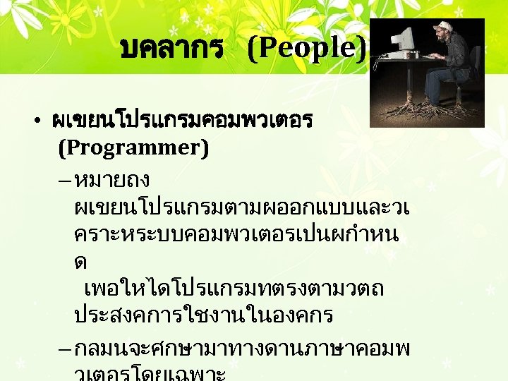 บคลากร (People) • ผเขยนโปรแกรมคอมพวเตอร (Programmer) – หมายถง ผเขยนโปรแกรมตามผออกแบบและวเ คราะหระบบคอมพวเตอรเปนผกำหน ด เพอใหไดโปรแกรมทตรงตามวตถ ประสงคการใชงานในองคกร – กลมนจะศกษามาทางดานภาษาคอมพ