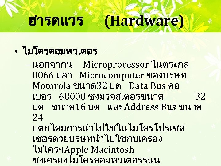 ฮารดแวร (Hardware) • ไมโครคอมพวเตอร – นอกจากน Microprocessor ในตระกล 8066 แลว Microcomputer ของบรษท Motorola ขนาด