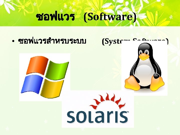 ซอฟแวร (Software) • ซอฟแวรสำหรบระบบ (System Software) 