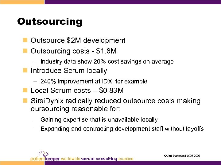 Outsourcing n Outsource $2 M development n Outsourcing costs - $1. 6 M –