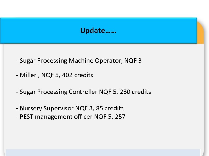 Update…… - Sugar Processing Machine Operator, NQF 3 - Miller , NQF 5, 402