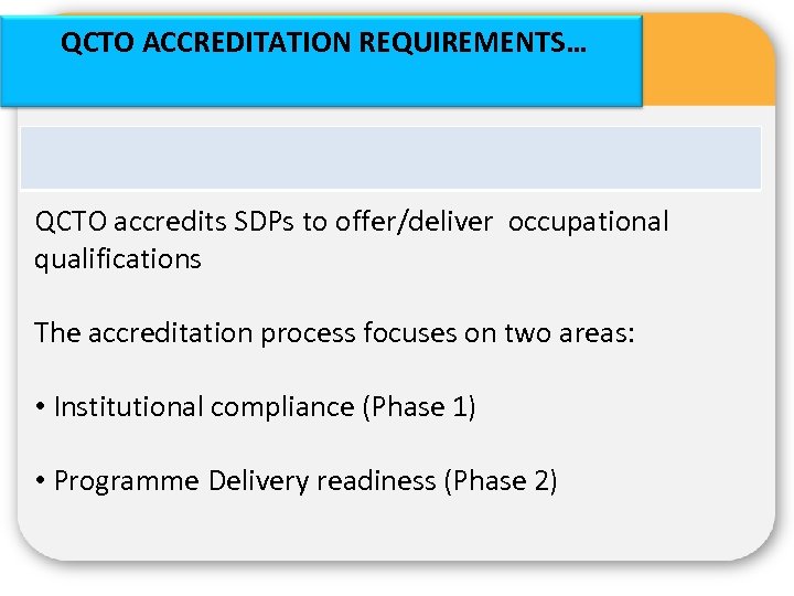 QCTO ACCREDITATION REQUIREMENTS… QCTO accredits SDPs to offer/deliver occupational qualifications The accreditation process focuses