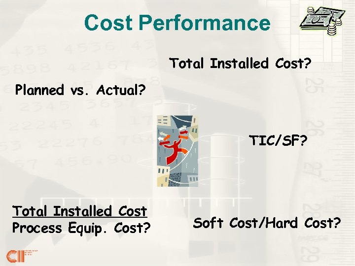 Cost Performance Total Installed Cost? Planned vs. Actual? TIC/SF? Total Installed Cost Process Equip.