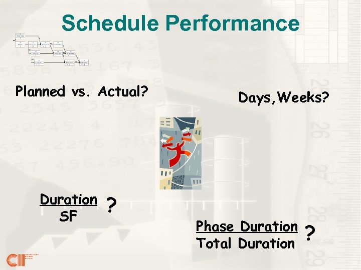 Schedule Performance Planned vs. Actual? Duration SF ? Days, Weeks? Phase Duration Total Duration