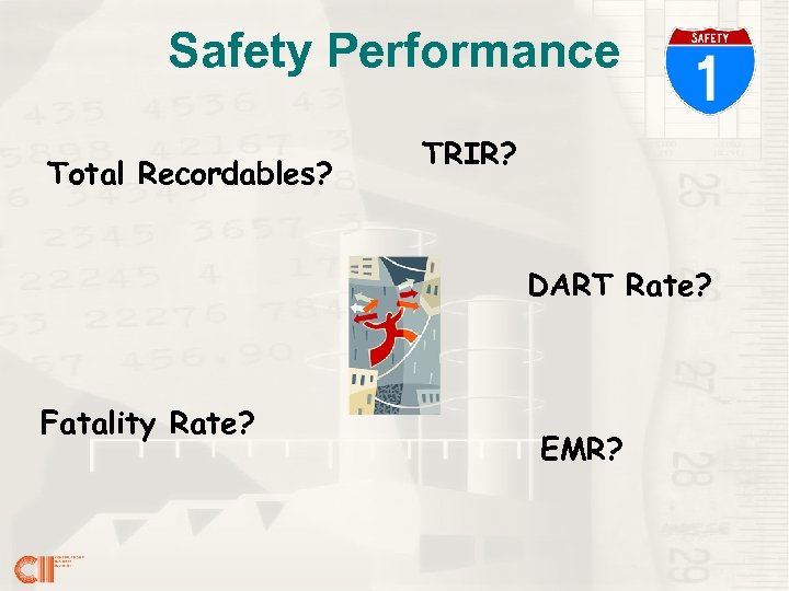 Safety Performance Total Recordables? TRIR? DART Rate? Fatality Rate? EMR? 