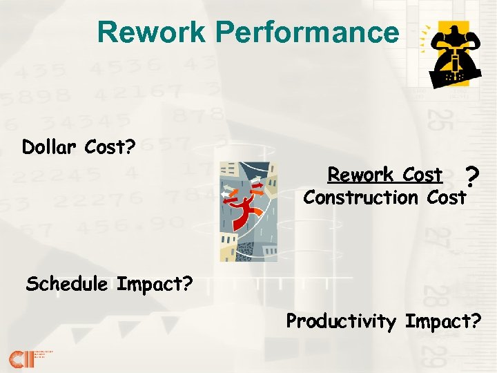 Rework Performance Dollar Cost? Rework Cost ? Construction Cost Schedule Impact? Productivity Impact? 