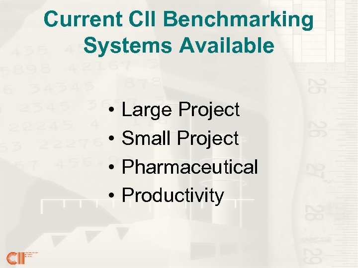 Current CII Benchmarking Systems Available • • Large Project Small Project Pharmaceutical Productivity 