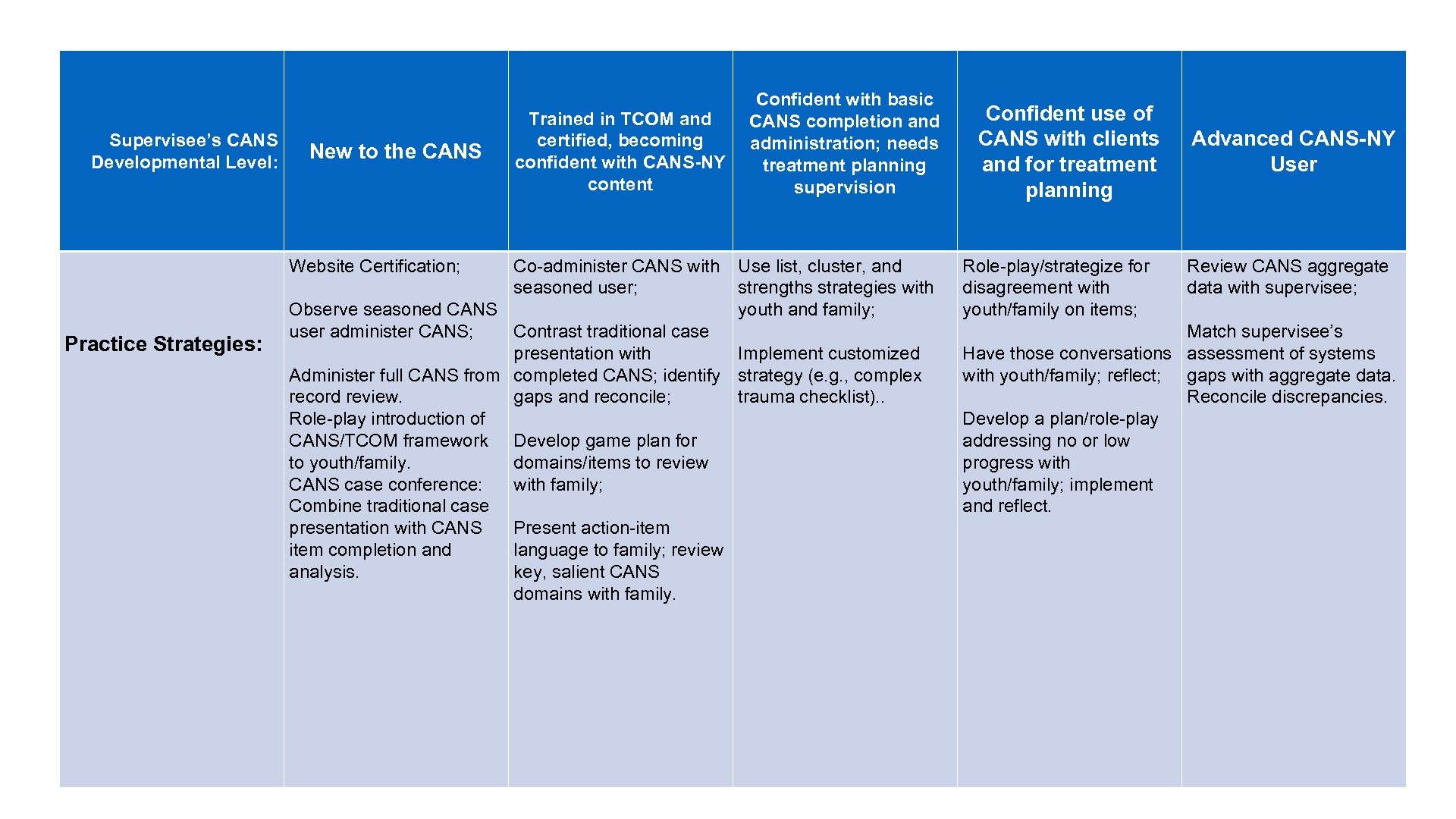 Supervisee’s CANS Developmental Level: New to the CANS Website Certification; Practice Strategies: Trained in