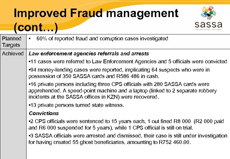 Improved Fraud management (cont…) Planned Targets • 60% of reported fraud and corruption cases