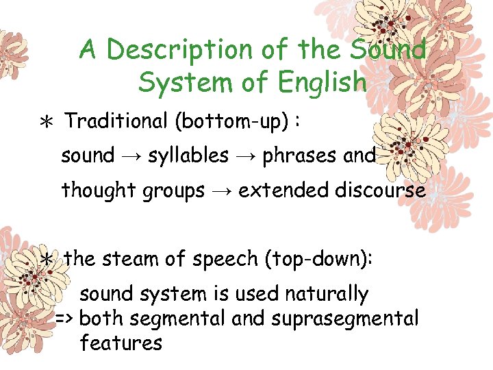 A Description of the Sound System of English ＊ Traditional (bottom-up) : sound →